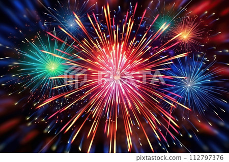 Generative ai on theme festive brightly fireworks on twilight background high in dark sky 112797376
