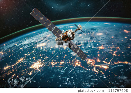 Generative ai on theme of beautiful satellite in sky, bright meteorites glow in atmosphere 112797498