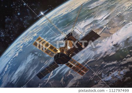 Generative ai on theme of beautiful satellite in sky, bright meteorites glow in atmosphere 112797499