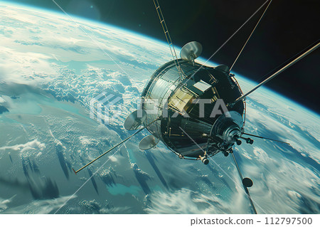 Generative ai on theme of beautiful satellite in sky, bright meteorites glow in atmosphere 112797500