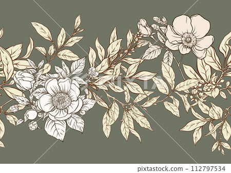 Green tea branch with leaves and wild rose flowers and berries. 112797534