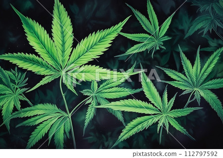 Banner consisting from traditional species marijuana in leaves, Ai generated 112797592