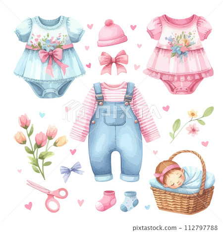 Watercolor set of newborn dress or clothes for invitation baby shower party. Watercolor set of newborn dress or clothes for invitation baby shower party. 112797788