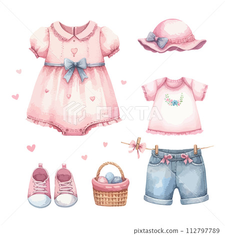 Watercolor set of newborn dress or clothes for invitation baby shower party. 112797789