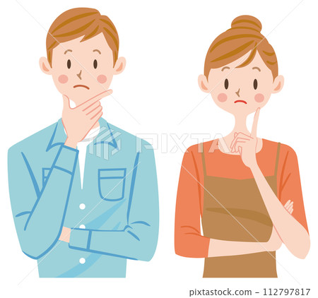 Upper body of a young couple with a troubled expression Illustration of a couple thinking about household finances Upper body of a young couple with a troubled expression Illustration of a couple thinking about household finances 112797817
