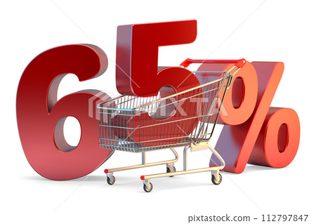 Shopping cart with 65 percent discount sign. 3D illustration. Isolated 112797847