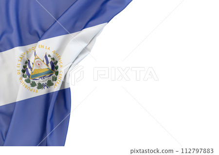 Flag of El Salvador in the corner on white background. Isolated. 3D illustration Flag of El Salvador in the corner on white background. Isolated. 3D illustration 112797883