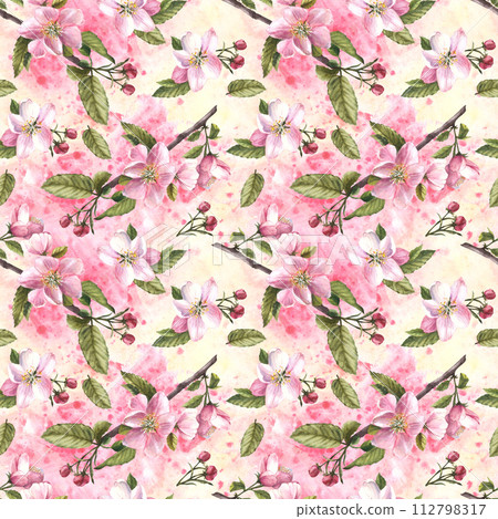 Branch of apple or other spring blossom tree seamless pattern, flowers, buds on watercolor stains background. Springtime plant. Hand drawn floral clipart for fabric, wrapping wallpaper print. Isolated 112798317