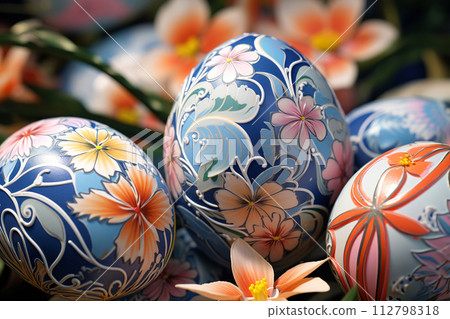 Generative ai on theme celebration holiday Easter with bright eggs are main accessory at abstract background 112798318