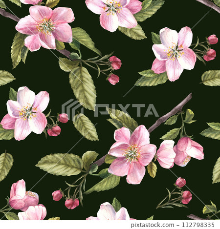 Branch of apple or other spring blossom tree seamless pattern, flowers and buds. Springtime blooming plant. Hand drawn botanical clipart for fabric, wrapping, wallpaper print. Isolated dark background Branch of apple or other spring blossom tree seamless pattern, flowers and buds. Springtime blooming plant. Hand drawn botanical clipart for fabric, wrapping, wallpaper print. Isolated dark background 112798335