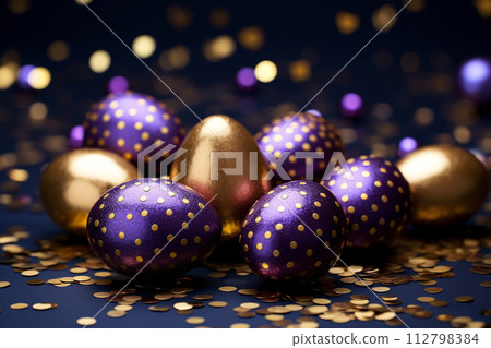 Generative ai on theme celebration holiday Easter with bright eggs are main accessory at abstract background 112798384