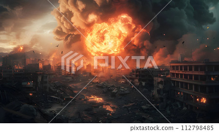 AI-generated content. Post apocalyptic war background of desert city wasteland with destroyed buildings, generated AI 112798485