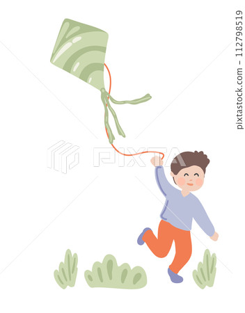 Flat design running boy holding the green kite Flat design running boy holding the green kite 112798519