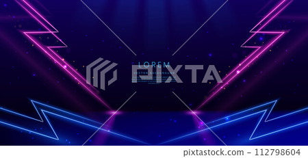 Abstract blue and pink neon diagonal glowing on dark blue background with lingthing effect sparkle. 112798604