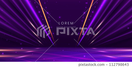 Elegant scene purple glowing motion lighting effect sparkle on dark purple background. Luxury design style. 112798643