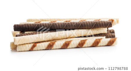 Close-Up of Chocolate Wafer Sticks on White Background Close-Up of Chocolate Wafer Sticks on White Background 112798788