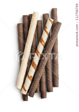 Close-Up of Chocolate Wafer Sticks on White Background Close-Up of Chocolate Wafer Sticks on White Background 112798789
