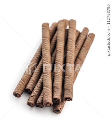 Close-Up of Chocolate Wafer Sticks on White Background Close-Up of Chocolate Wafer Sticks on White Background 112798790