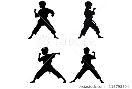 Kids training karate detail silhouette, karate player silhouette logo design 112798894