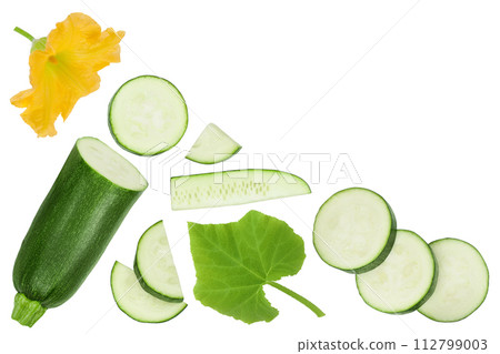 Fresh sliced zucchini isolated on white background. Top view with copy space for your text. Flat lay 112799003