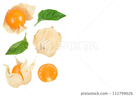 Cape gooseberry or physalis isolated on white background. Top view with copy space for your text. . Flat lay 112799026