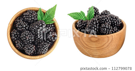 blackberry in bowl with leaf isolated on a white background closeup 112799078