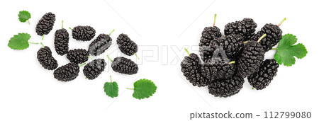 Mulberry with leaf isolated on white background with copy space for your text. Top view. Flat lay 112799080