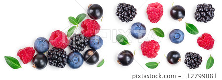 blackberry blueberry raspberry black currant isolated on white background with copy space for your text. Top view. Flat lay pattern 112799081
