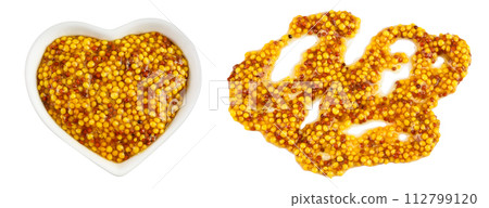 Bowl with french mustard isolated on white background with full depth of field. Top view. Flat lay. Bowl with french mustard isolated on white background with full depth of field. Top view. Flat lay. 112799120