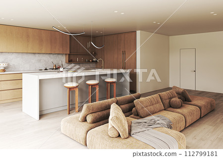 Chic living room seamlessly integrated with a minimalist kitchen area 112799181