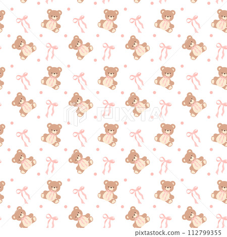 Coquette seamless pattern teddy bear with ribbon bow pink 112799355