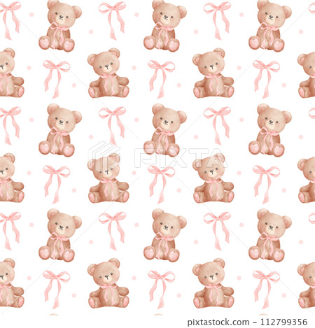 Coquette seamless pattern teddy bear with ribbon bow pink 112799356