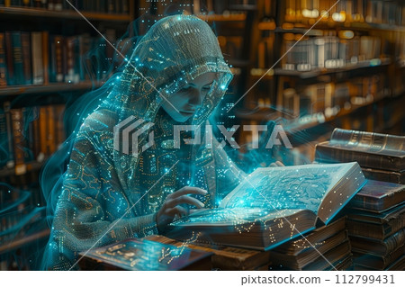 alien librarian organizing a library filled with bizarre books, each containing information encoded in intergalactic language alien librarian organizing a library filled with bizarre books, each containing information encoded in intergalactic language 112799431