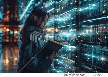 alien librarian organizing a library filled with bizarre books, each containing information encoded in intergalactic language alien librarian organizing a library filled with bizarre books, each containing information encoded in intergalactic language 112799432