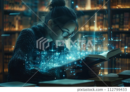 alien librarian organizing a library filled with bizarre books, each containing information encoded in intergalactic language 112799433