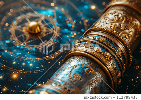 Ancient calendar with constellations and astronomical instruments, Concept of science, astronomy, astrology, mystery, education, mysticism, numerology, occultism. 112799435