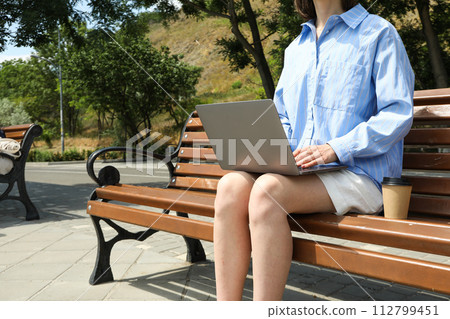 The girl works on a laptop while sitting on a bench The girl works on a laptop while sitting on a bench 112799451