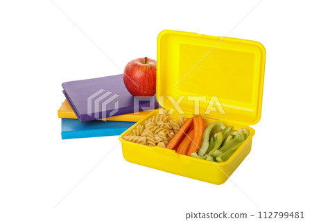 PNG,Yellow lunch box with food, isolated on white background 112799481