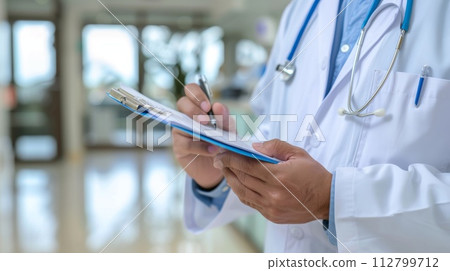 Doctor writing on clipboard in hospital. Medical and healthcare concept. 112799712