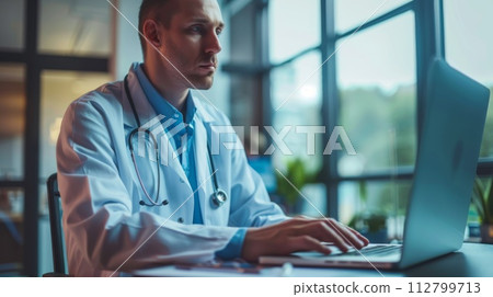 Doctor working on laptop computer in hospital. Medical and healthcare concept. 112799713