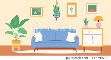 Interior of living room with sofa and macrame plant. Vector illustration. Interior of living room with sofa and macrame plant. Vector illustration. 112799752