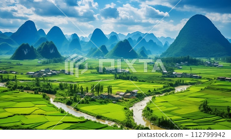 Remote, tranquil green rice fields amidst peaceful hills.AI Generated 112799942