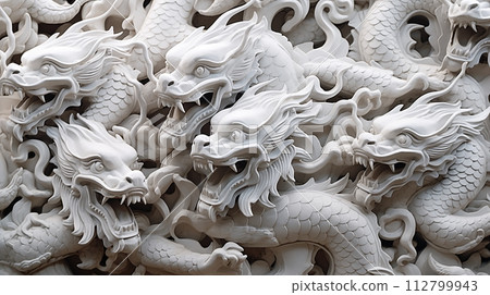 Several white dragon sculptures, portraying reverence and awe.AI Generated 112799943