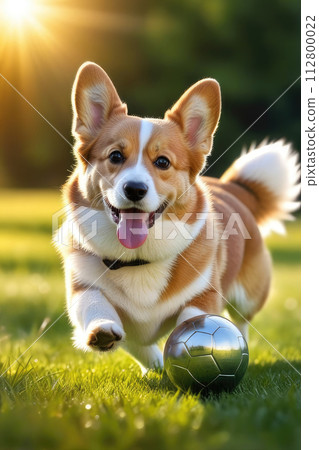 Happy welsh corgi breed dog running in the grass and bringing a tennis ball. 112800022