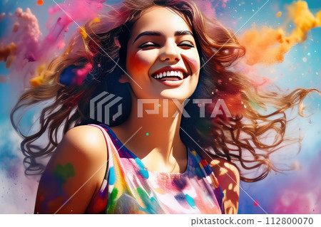 Colorful portrait young woman celebrating holi festival vibrant powder paint explosion. 112800070