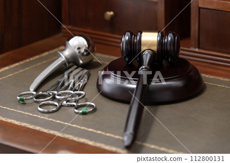 A professional judge's gavel lies next to medical tools, symbolizing legal issues in healthcare. 112800131