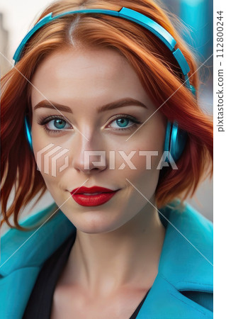 Closeup portrait young woman blue eyes red hair walking and listening to playlist music with wireless headphones in the city modern. 112800244