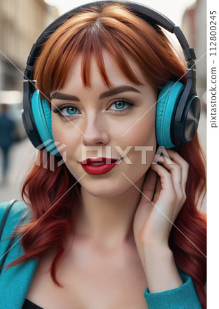 Closeup portrait young woman blue eyes red hair wearing wireless headphones on city ctreet experiencing music, facing the camera. Closeup portrait young woman blue eyes red hair wearing wireless headphones on city ctreet experiencing music, facing the camera. 112800245