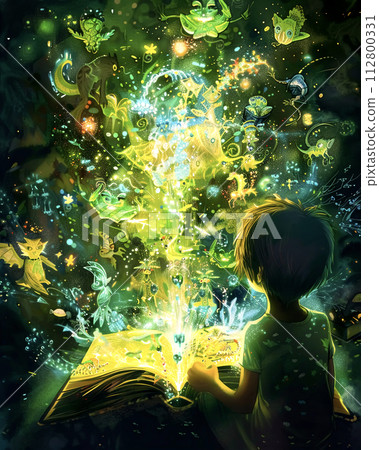 A whimsical illustration of a child reading a storybook filled with fantastical creatures each creature glowing with a unique 112800331