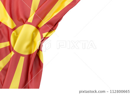Flag of Macedonia in the corner on white background. 3D rendering. Isolated Flag of Macedonia in the corner on white background. 3D rendering. Isolated 112800665